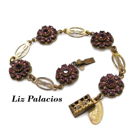 Vintage Liz Palacios Purple Rhinestone Flower Bracelet 1990s Signed S.F. - Picture 1 of 10